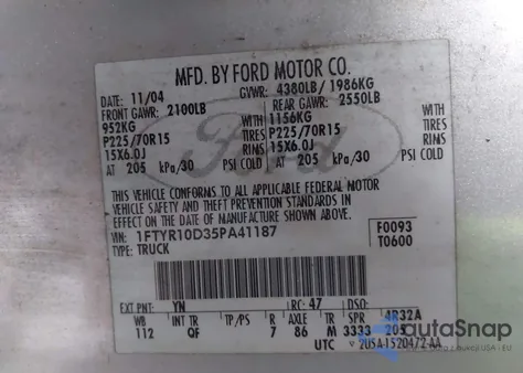 2005 Ford Ranger Xl/Xls/Xlt из США, поврежденный, VIN 1FTYR10D35PA41187